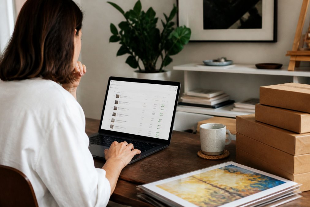Artist at a laptop workspace reviewing sales analytics and orders on screen with coffee nearby, tracking profit margins across multiple platforms