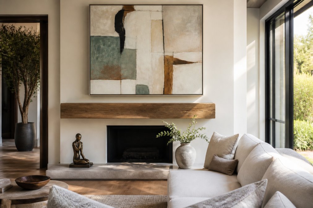 A bright modern living room with a neutral linen sofa, large abstract canvas print hanging above a wooden mantel, styled with a small bronze sculpture and ceramic vase on the hearth, soft afternoon light streaming through windows