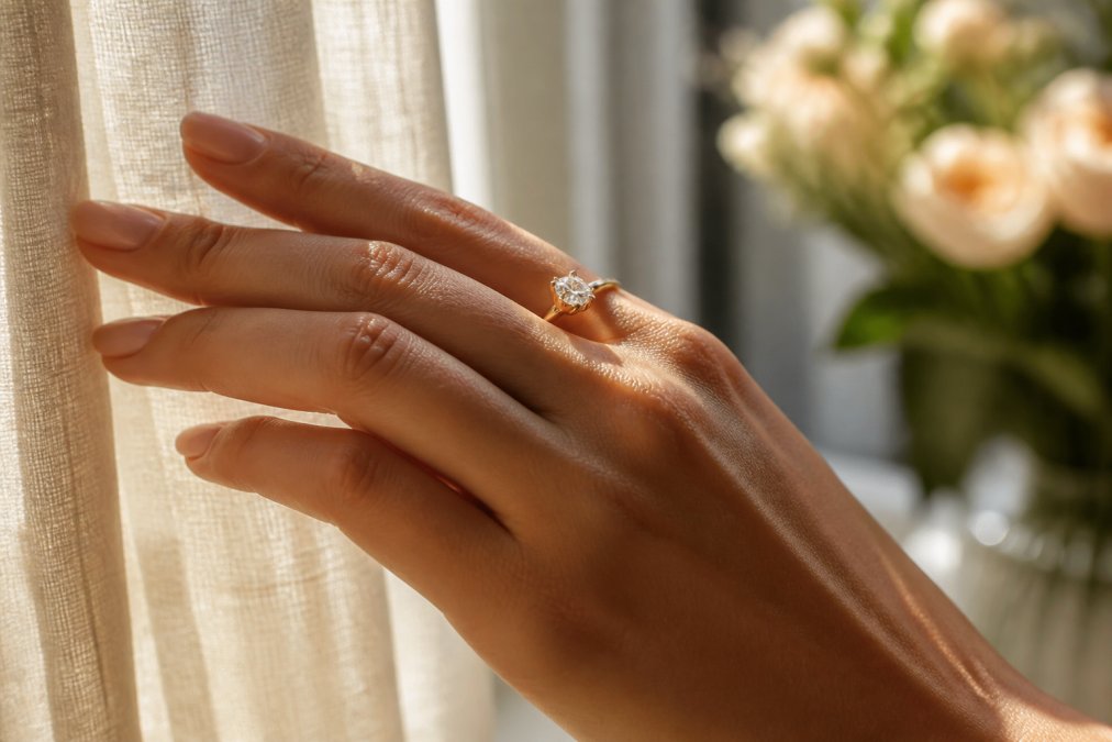 Close-up of a woman's hand wearing a delicate gold ring with a gemstone, showcasing the sparkle and fine craftsmanship against soft natural light filtering through a window