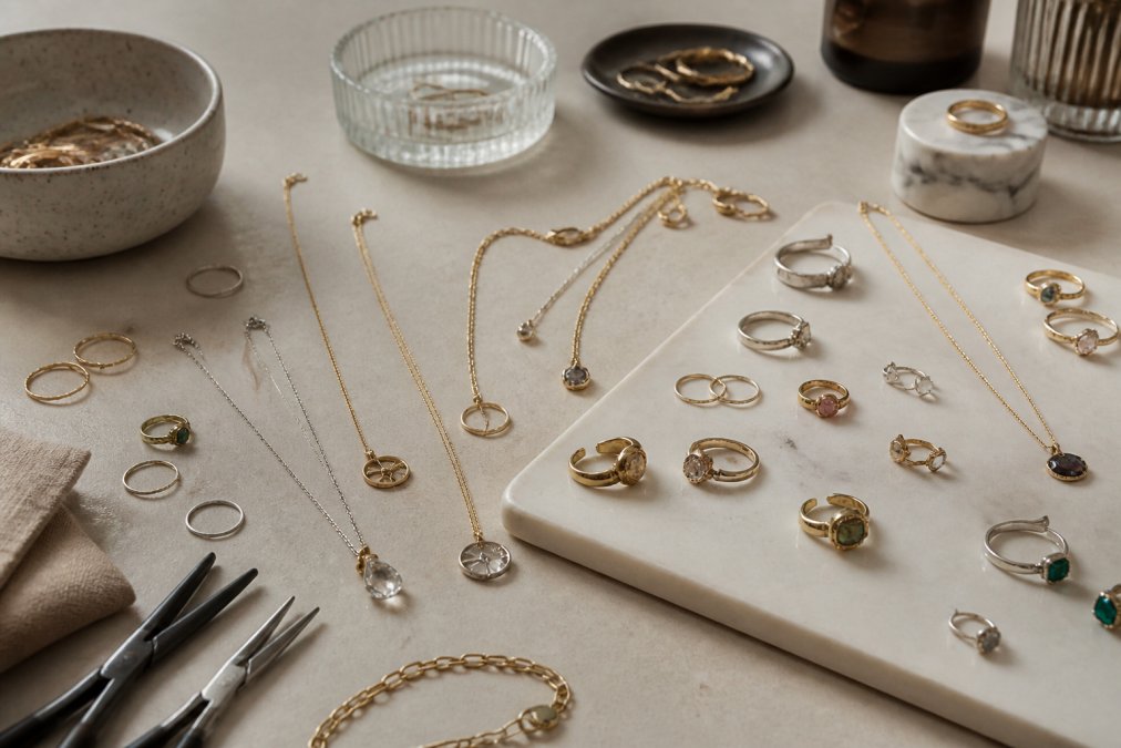 A curated collection of fine jewellery pieces (rings, necklaces, earrings) arranged on a neutral surface, showing variety in metals, gemstones, and design styles suitable for layering