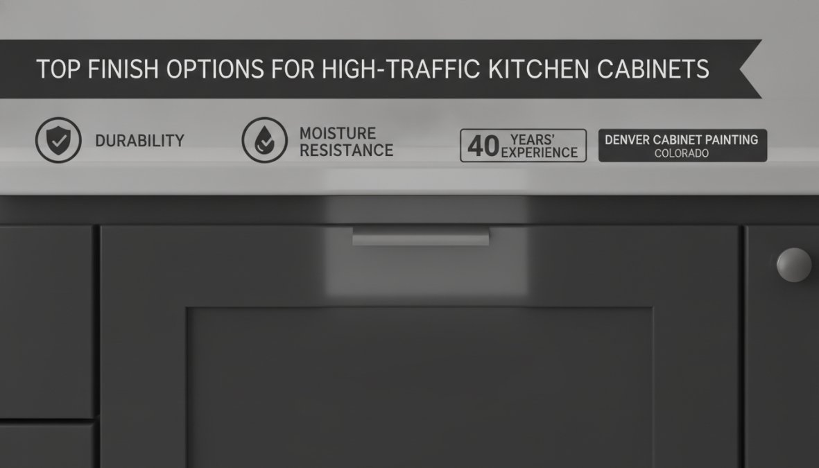 Close-up of a pristine kitchen cabinet door showing a smooth, professional finish with visible sheen reflecting light, demonstrating durability and quality in natural kitchen lighting