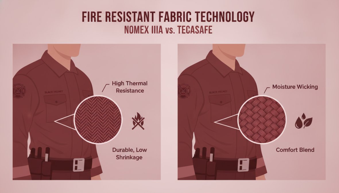 Close-up of firefighters wearing different station wear fabrics, comparing the texture and weave of Nomex IIIA and Tecasafe materials in natural light
