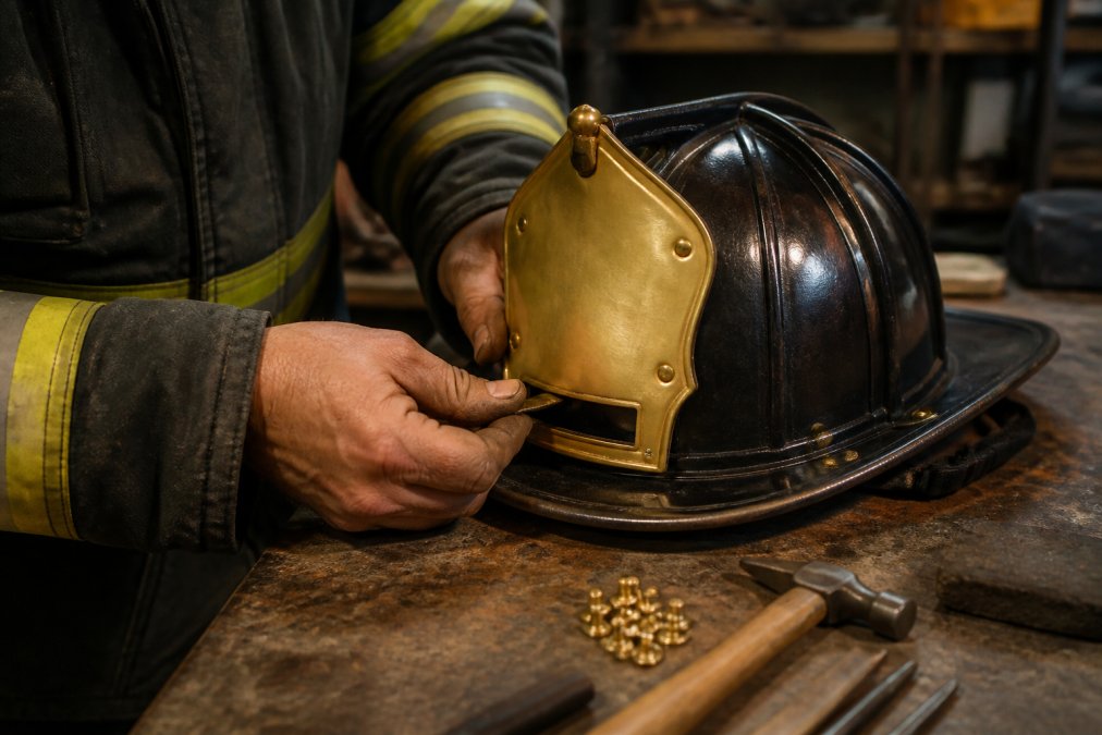 Close-up of a firefighter's gloved hands attaching a brass front holder to a traditional leather fire helmet on a workbench, with hand tools and small brass rivets arranged beside it under warm workshop lighting