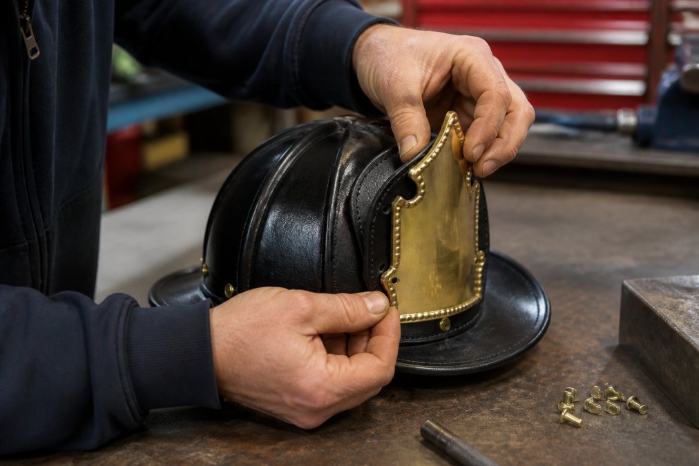 Professional firefighter's hands installing brass front holder on leather fire helmet, showing proper rivet placement through mounting holes with helmet positioned on work surface under bright shop lighting