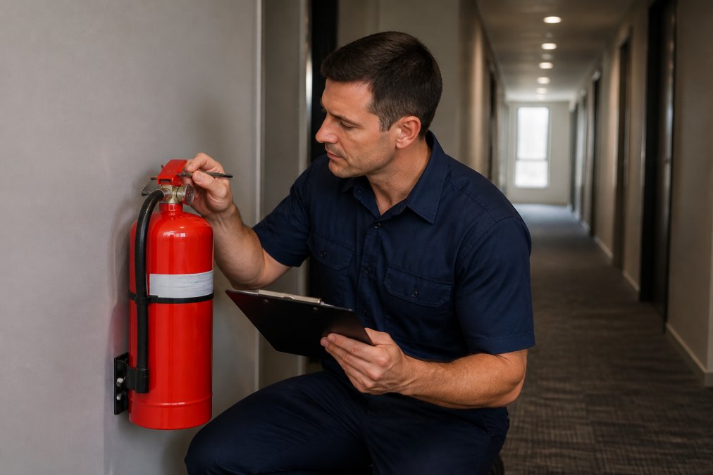 A professional technician in a navy uniform inspecting a red fire extinguisher mounted on the wall of a modern apartment building corridor, checking the pressure gauge with a clipboard in hand