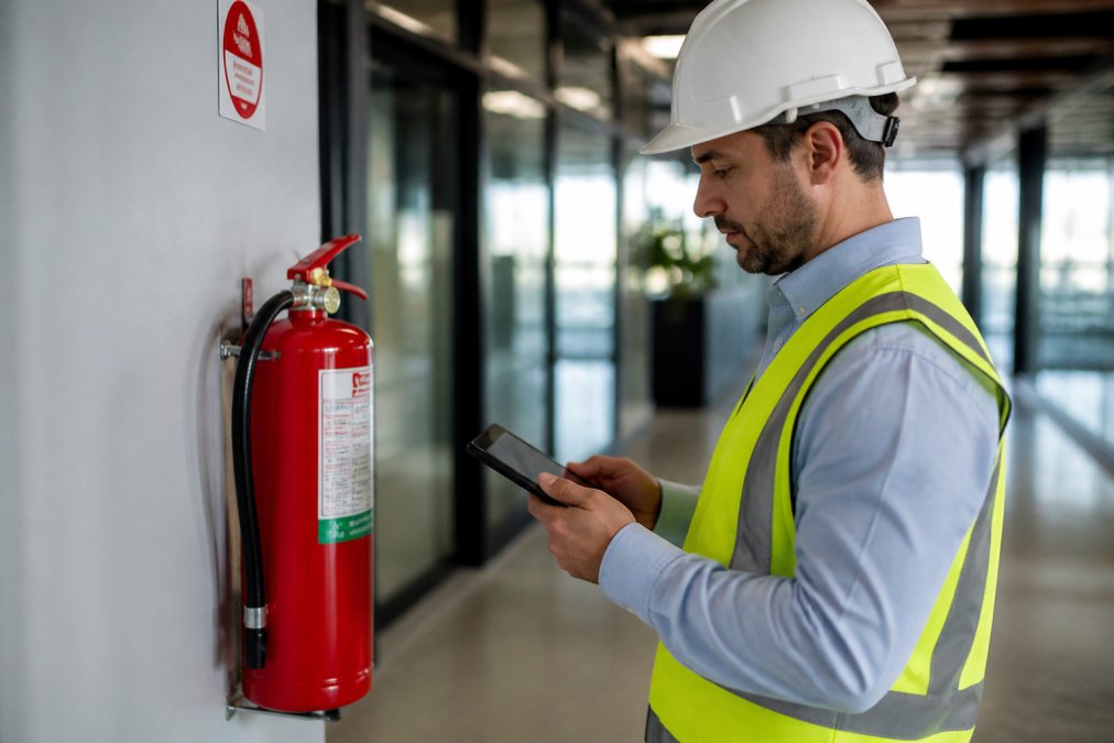 A commercial property manager in a hard hat reviewing a fire extinguisher inspection checklist on a digital tablet inside a modern office building