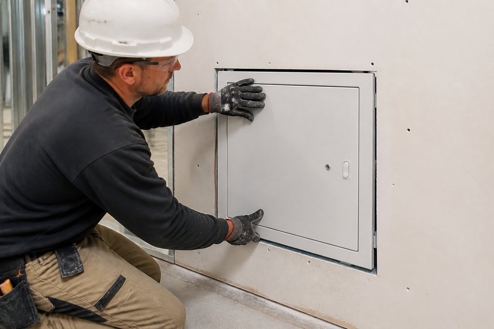Contractor installing a fire-rated access door into a drywall opening, showing proper frame alignment and gauge steel flange preparation in a commercial building interior