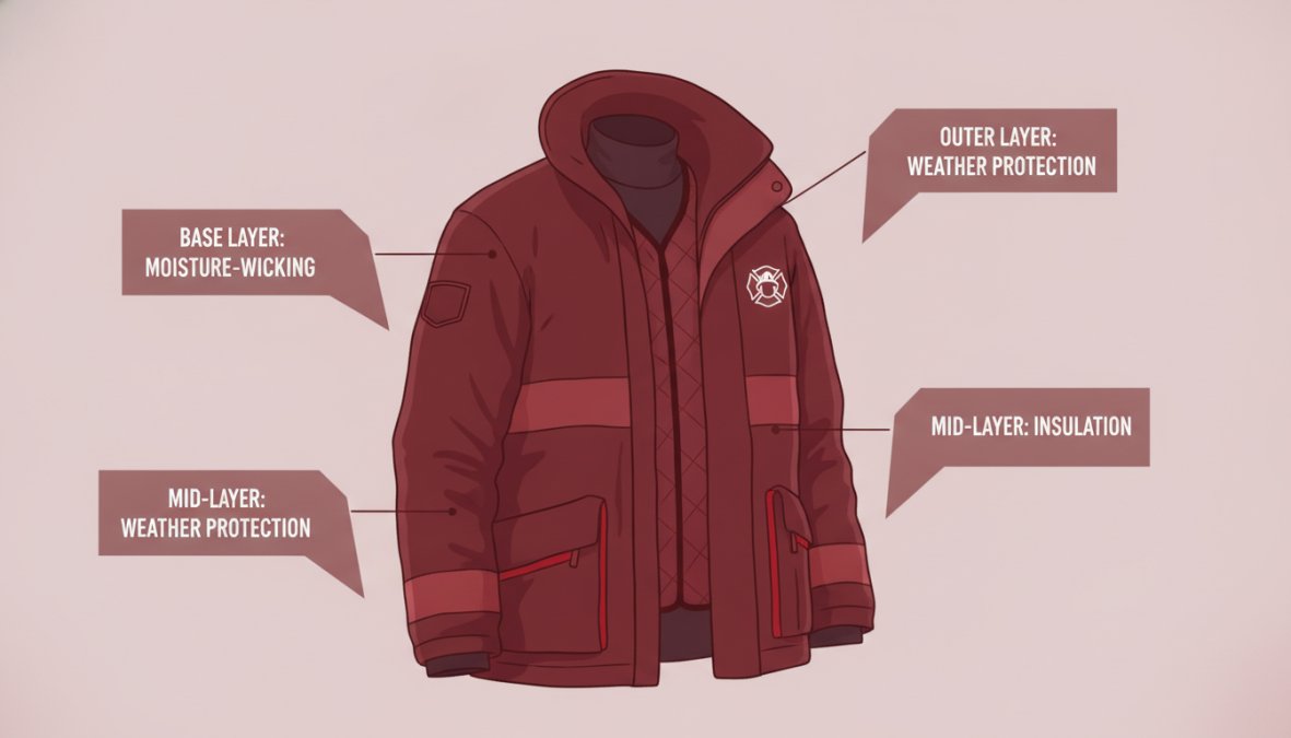 Firefighter wearing multiple visible layers including moisture-wicking base layer, insulated mid-layer with thermal properties, and waterproof outer jacket in cold winter setting