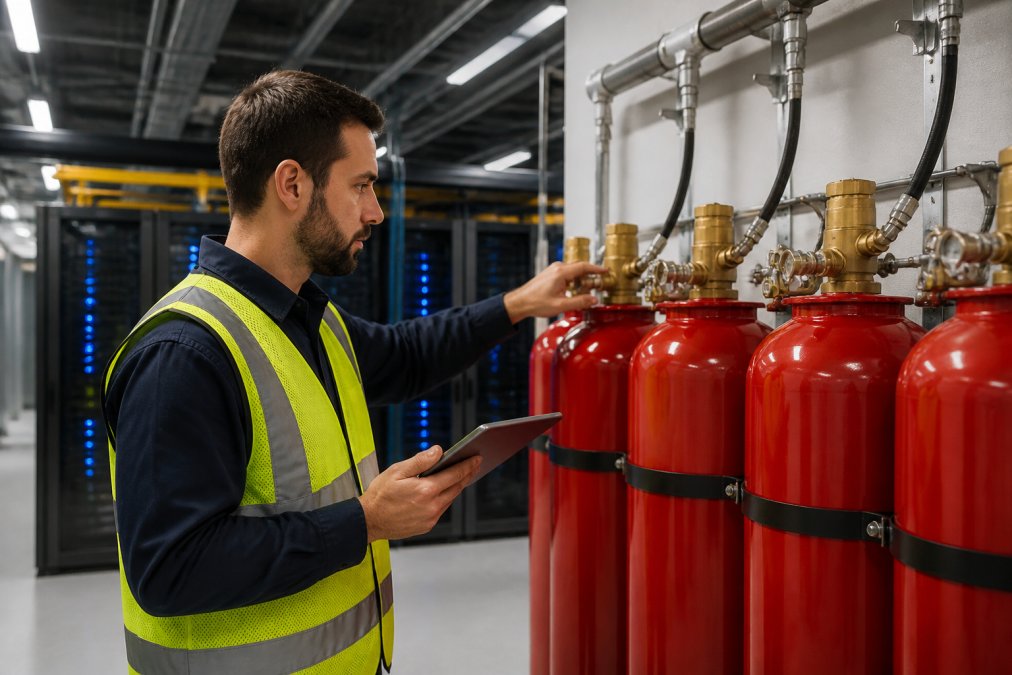 Technician inspecting clean agent fire suppression cylinders in a modern data center server room