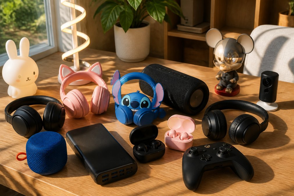 Close-up of various innovative tech gadgets displayed on a wooden desk, including wireless speakers, portable chargers, and smart accessories with natural sunlight streaming across the surface