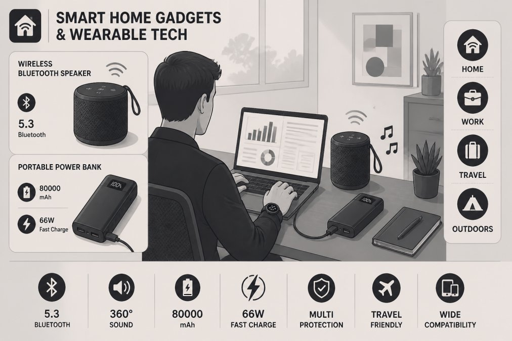 Professional workspace showing a person using a wireless Bluetooth speaker and portable power bank while working at a desk, with natural light illuminating the gadgets and workspace