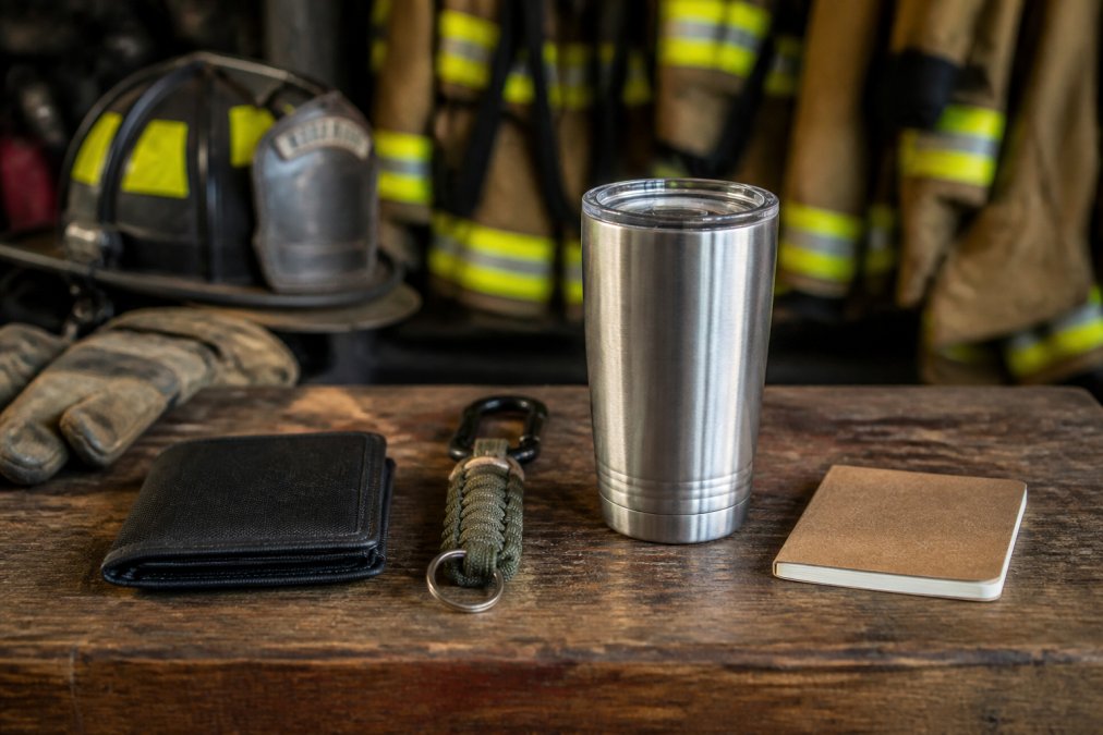Flat lay of firefighter duty accessories on a weathered wooden bench, including a bunker gear wallet, paracord keychain with carabiner, stainless steel tumbler, and small notebook, with a fire helmet and gloves blurred in the background under warm station lighting