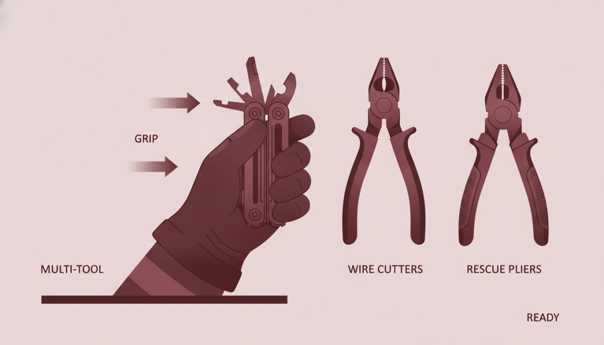 Close-up of firefighter's gloved hand holding multi-tool, wire cutters, and rescue pliers arranged on dark tactical gear surface, showing durability and compact design