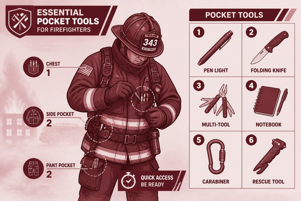 Firefighter in full turnout gear checking pocket tools and equipment before entering a structure fire, showing organized gear placement and quick-access positioning