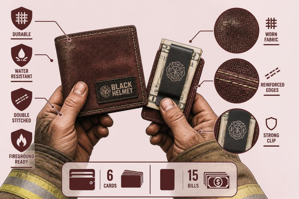 Close-up of a firefighter's hands holding a worn bunker gear wallet and money clip, showing authentic used fabric texture and durability