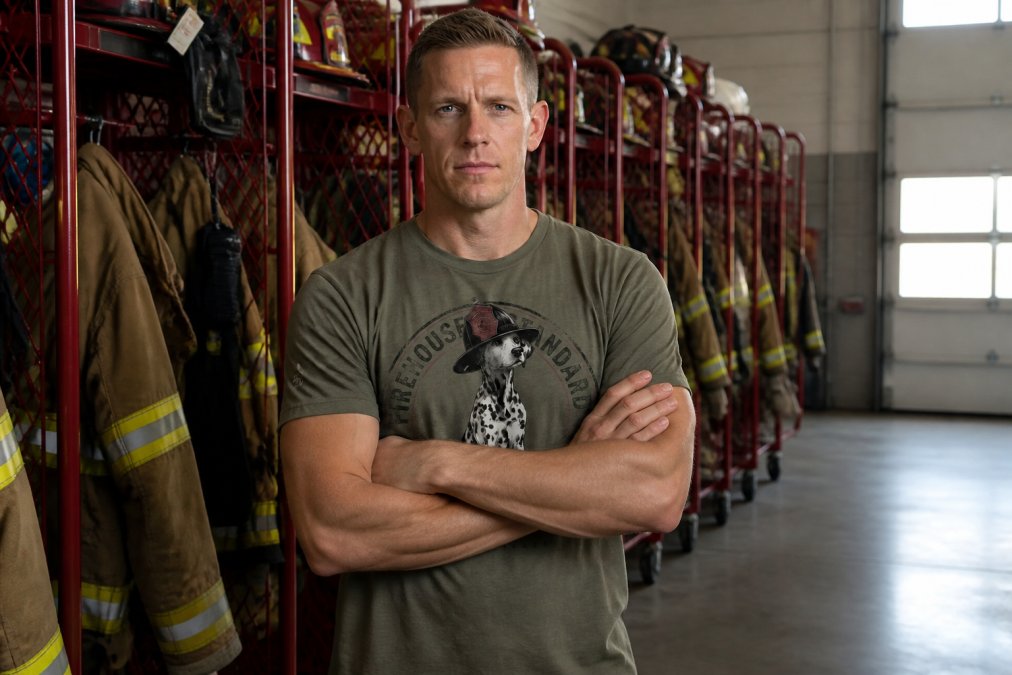 A firefighter wearing a premium Black Helmet tee standing confidently with arms crossed in a firehouse station setting, showing the fit and quality of the garment against actual station equipment and lockers