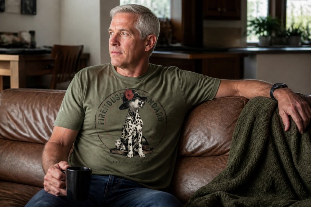 A retired firefighter in casual off-duty apparel with heritage-inspired design, relaxed pose in a home setting, demonstrating authentic style that respects the profession without appearing costume-like