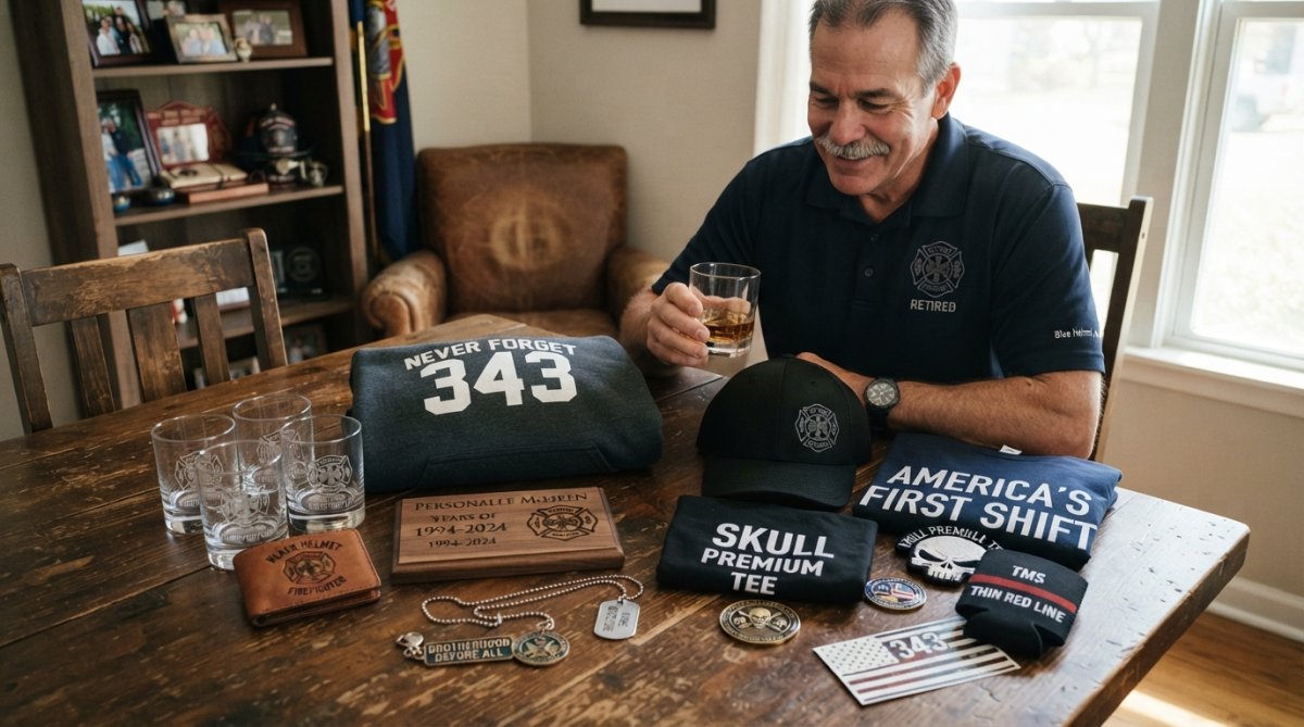 Retired firefighter displaying a collection of meaningful retirement gifts including engraved drinkware, leather wallet, personalized plaque, and challenge coin holder arranged on a wooden table with station memorabilia