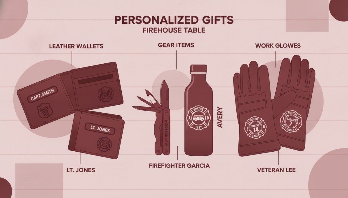 Close-up of custom leather wallets and personalized gear items laid out on a wooden firehouse table, showing engraved names and station insignia with natural light
