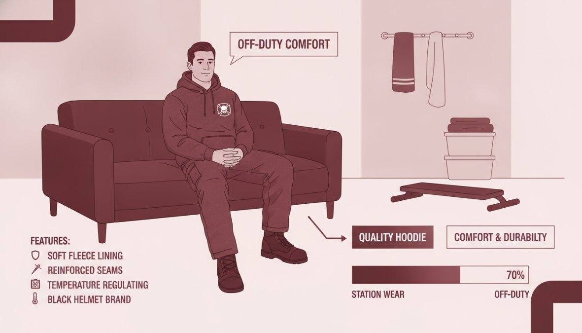 Firefighter wearing a quality hoodie in a firehouse setting, relaxed near equipment, showing the hoodie's fit and comfort in a real environment