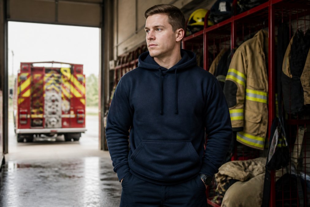 Firefighter in station wear hoodie standing in firehouse bay with equipment visible in background, showing the hoodie's fit and durability in a realistic duty setting