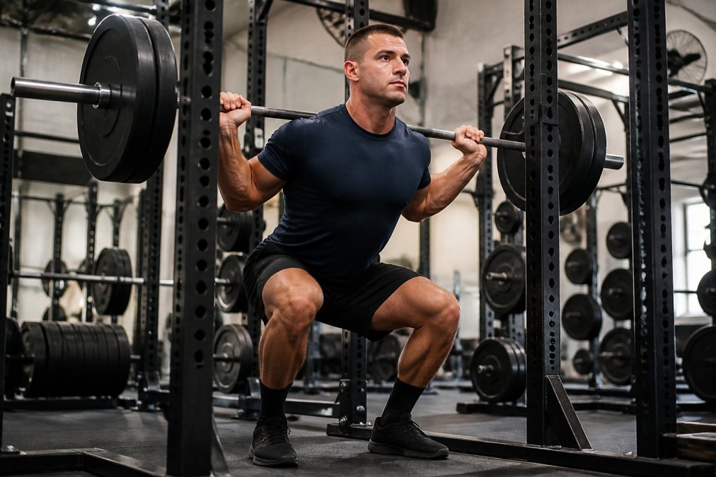 Firefighter in moisture-wicking athletic shirt performing a heavy barbell squat in a well-lit commercial gym, demonstrating proper fit and fabric stretch during intense training