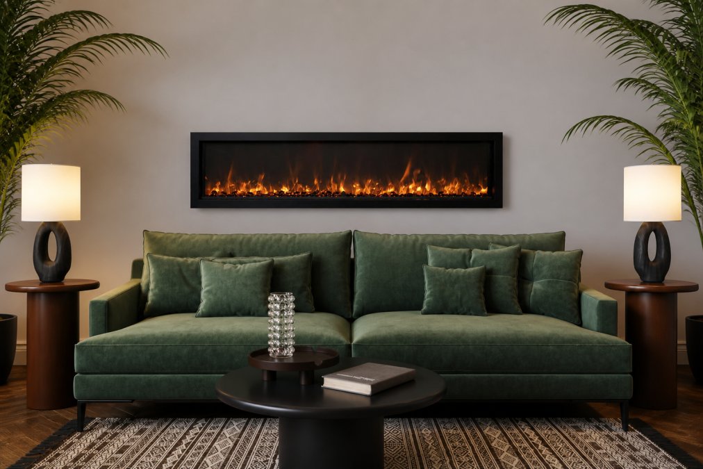 Modern apartment living room with a sleek wall-mounted electric fireplace as the focal point, showing warm amber flames with contemporary furniture, neutral gray walls, and soft ambient lighting creating a sophisticated atmosphere
