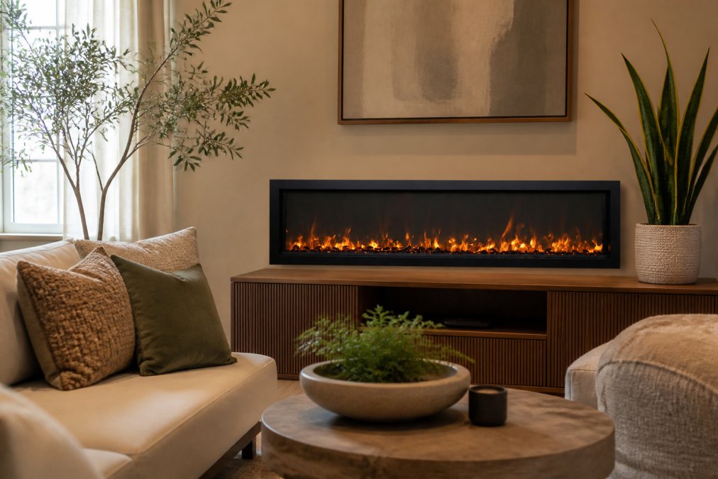 Cozy small apartment living room featuring a compact TV stand fireplace with warm amber LED flames, styled with textured throw pillows, potted plants, and soft warm lighting creating an inviting sophisticated atmosphere