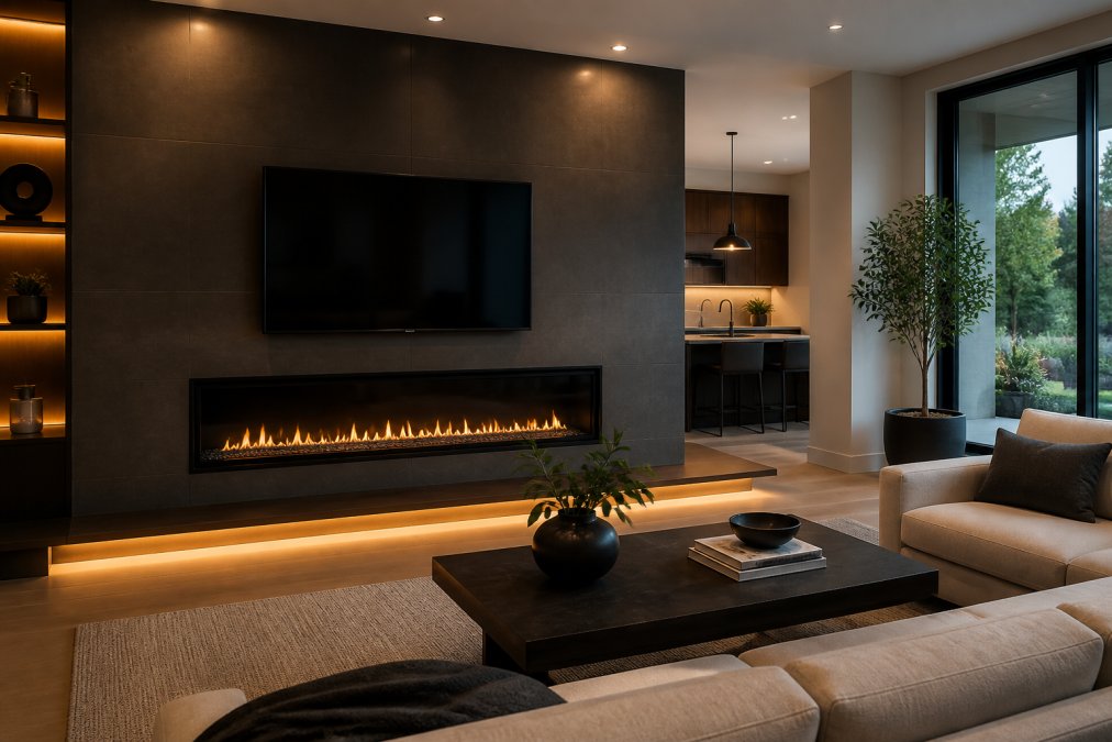 A modern luxury living room featuring a sleek linear electric fireplace mounted on a dark accent wall, with warm ambient lighting and contemporary furniture