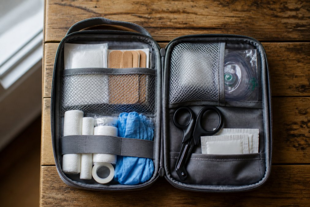 Flat lay of an organized first aid kit featuring essential medical supplies on a weathered wooden table.