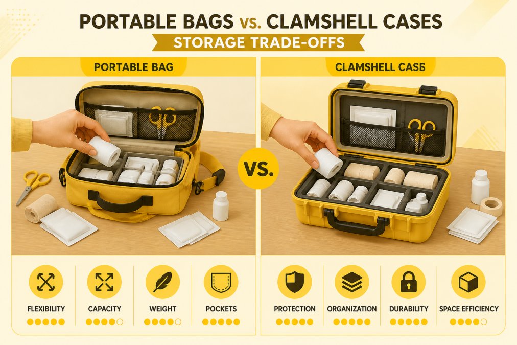 Person's hands organizing medical supplies into a soft nylon first aid bag and a hard clamshell case side by side on a wooden table, showing the contrast between flexible and rigid storage options