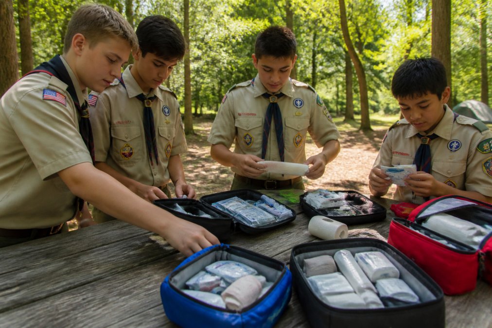 Scout troop members examining and organizing first aid supplies from multiple kits on a camp table, with bandages, gauze, and medical supplies visible, natural outdoor lighting