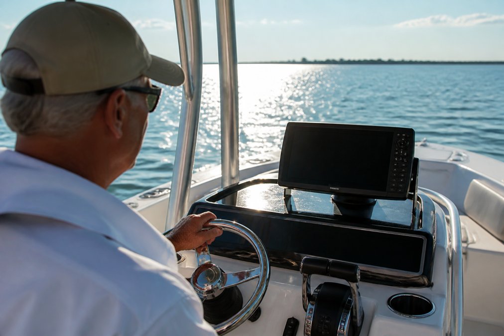 Fisherman checking his fishfinder electronics on a center console boat while out on calm, sunny water