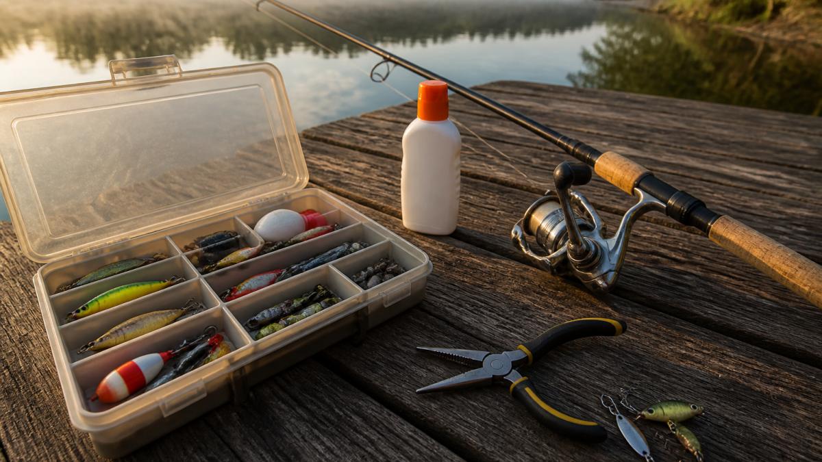 A beginner angler's tackle laid out on a weathered wooden dock beside a rod and reel, with an open tackle box, needle-nose pliers, and a bottle of sunscreen visible in soft morning light