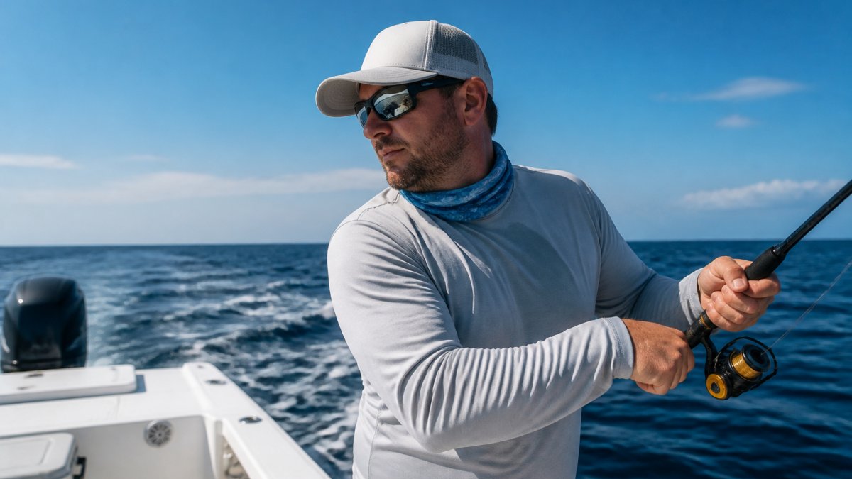 Angler wearing a structured fishing hat on a boat with ocean water and blue sky in the background, showing the hat's visor shading the face and the fit during active fishing