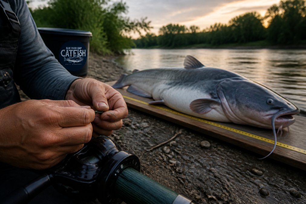 Angler tying heavy braided fishing line for trophy catfish on a riverbank with a blue catfish in the background