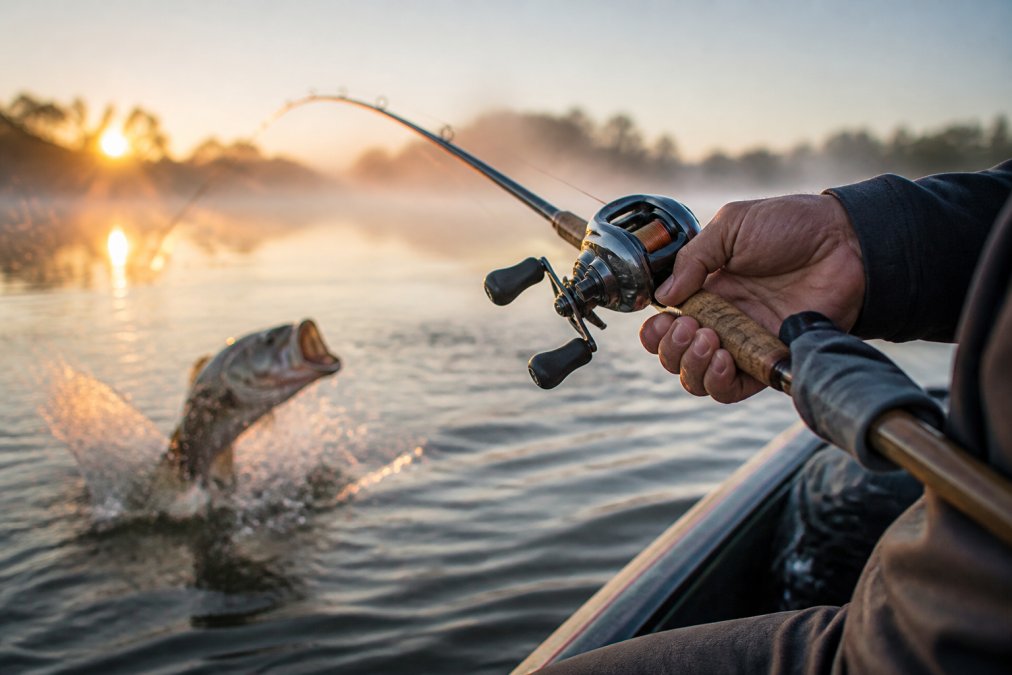 Angler holding a rod while a trophy bass breaks the water surface, perfect for the best fishing lures for trophy bass.