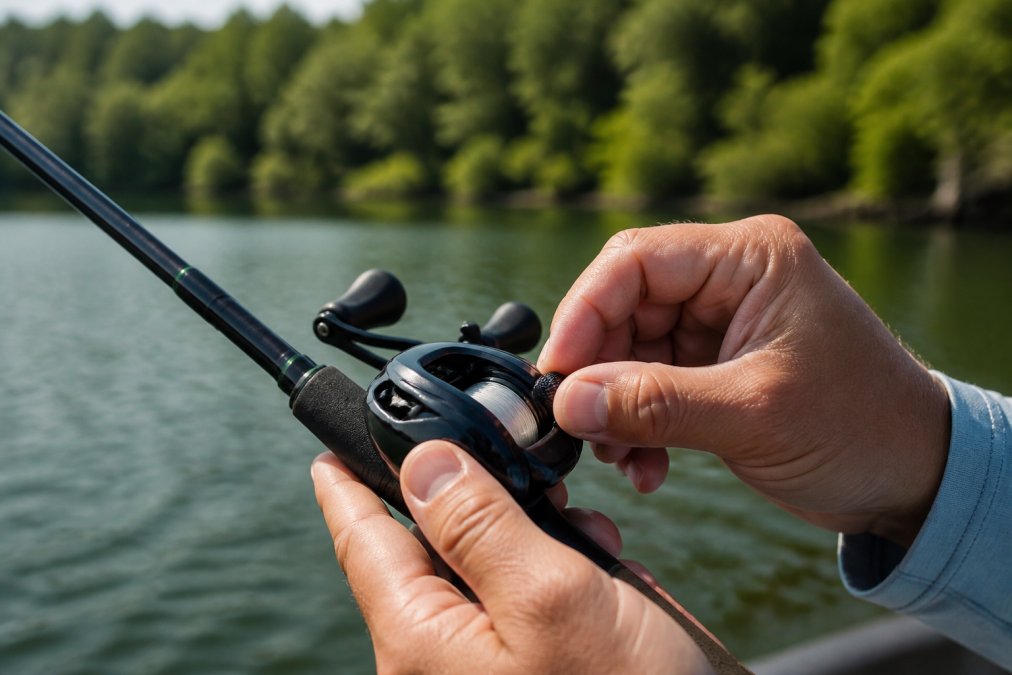 Close-up of an angler's hands adjusting the drag knob on a baitcasting reel mounted on a rod, with a lake and trees blurred in the background