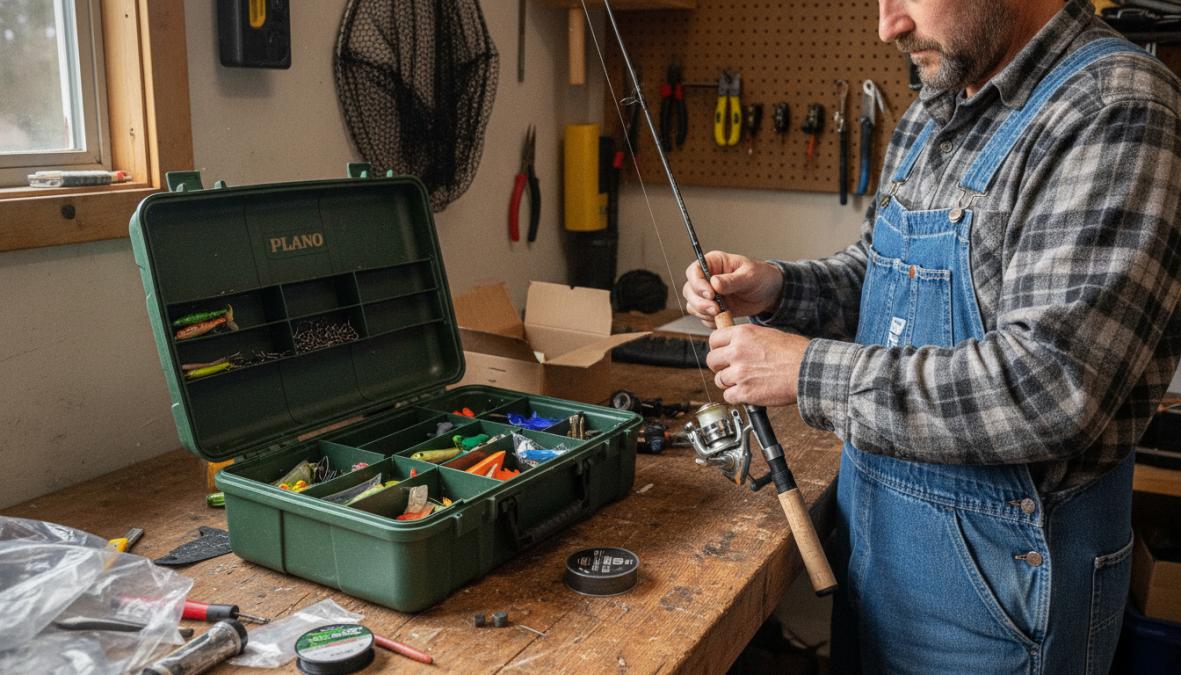 Angler's hands carefully spooling monofilament line onto a spinning reel, with a tackle box open on a wooden workbench showing organized compartments of hooks, sinkers, and lures, natural sunlight from a window