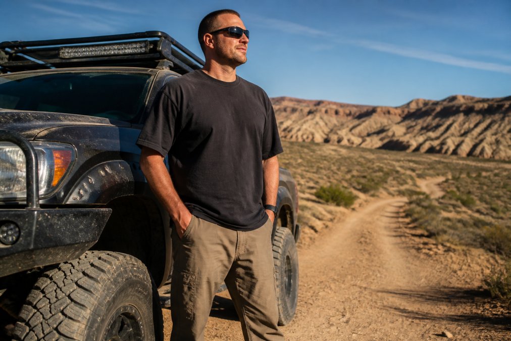 A tall man wearing a dark heavyweight graphic tee standing next to a lifted 4x4 truck on a dusty dirt trail, looking relaxed and confident, late afternoon golden light, rugged desert terrain in the background