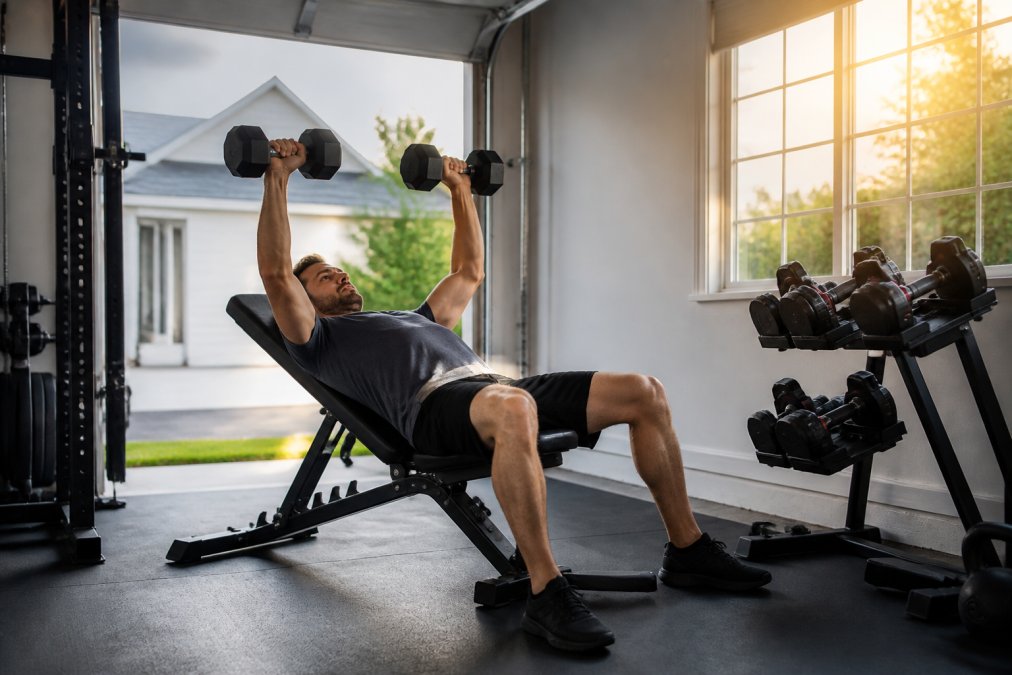 A father in his mid-30s performing a dumbbell press on a foldable bench in a tidy home garage, adjustable dumbbells racked nearby, warm morning light through the window