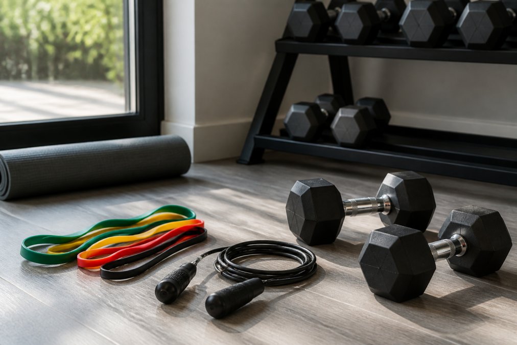 Bright home gym corner with resistance bands, adjustable jumping rope, and dumbbells arranged on a clean floor, showing functional fitness equipment in a compact residential space