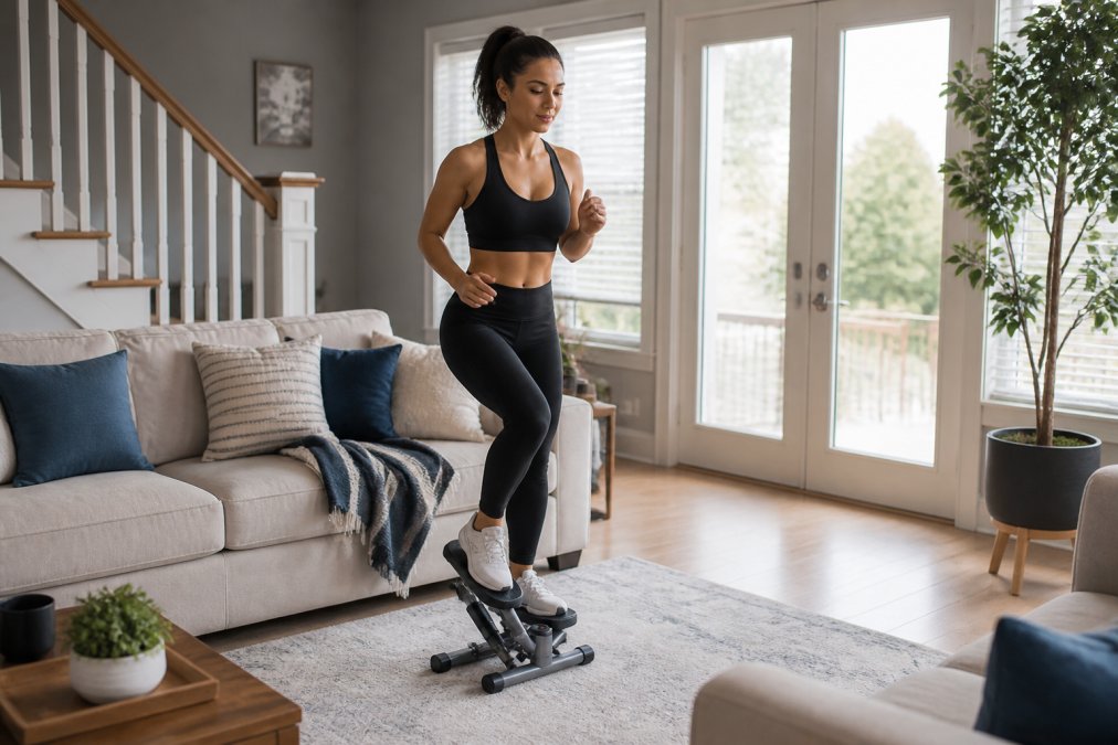 Person using a mini stepper machine in a home setting, demonstrating proper form and the compact footprint of the equipment in a living area