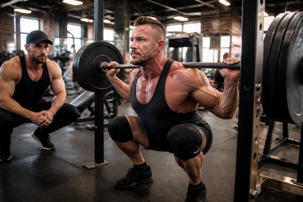 Athlete performing a barbell squat with proper form in a well-lit gym, demonstrating compound movement execution and body alignment
