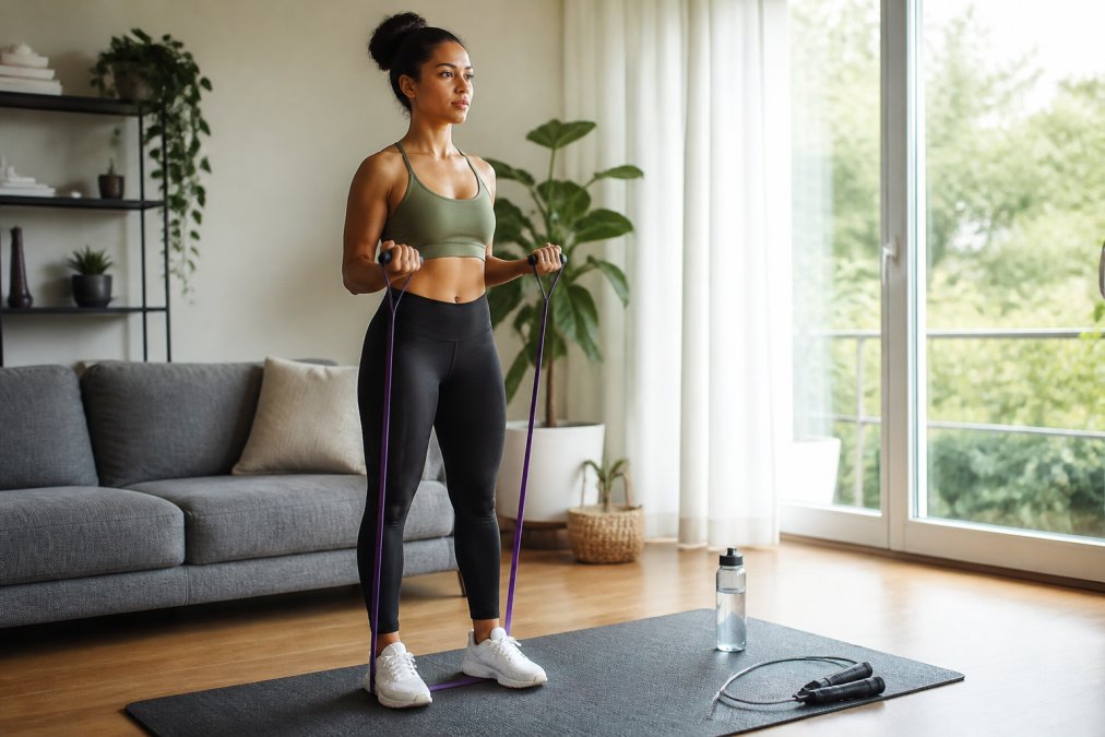 A person in athletic wear using resistance bands and a jump rope in a bright home living room, with a yoga mat and water bottle nearby