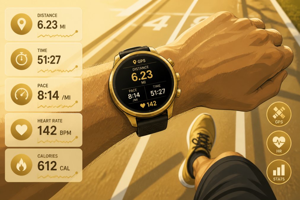 Close-up of a serious male athlete's wrist showing a premium GPS smartwatch with a bright AMOLED display mid-stride on an outdoor running track, late afternoon sunlight casting sharp shadows across the lane markings