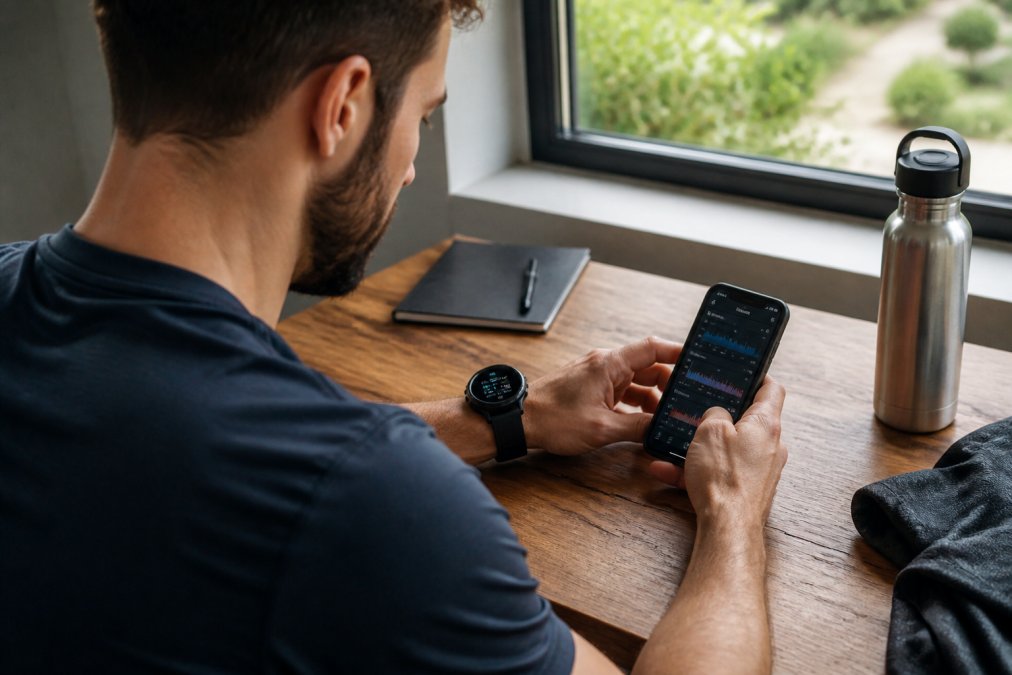 Athlete seated at a clean wooden desk reviewing fitness performance data on a smartphone app, a premium GPS smartwatch visible on their left wrist, a stainless steel water bottle to the right, warm natural light from a nearby window