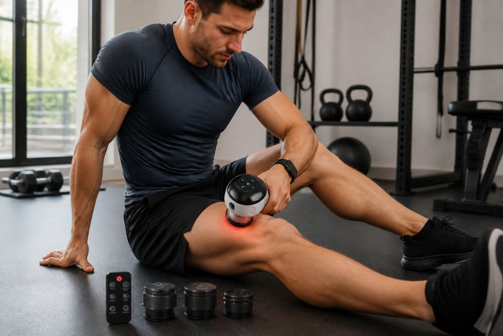 Person in athletic wear using cordless massage device on leg during recovery in home gym, demonstrating portability and proper technique with natural lighting