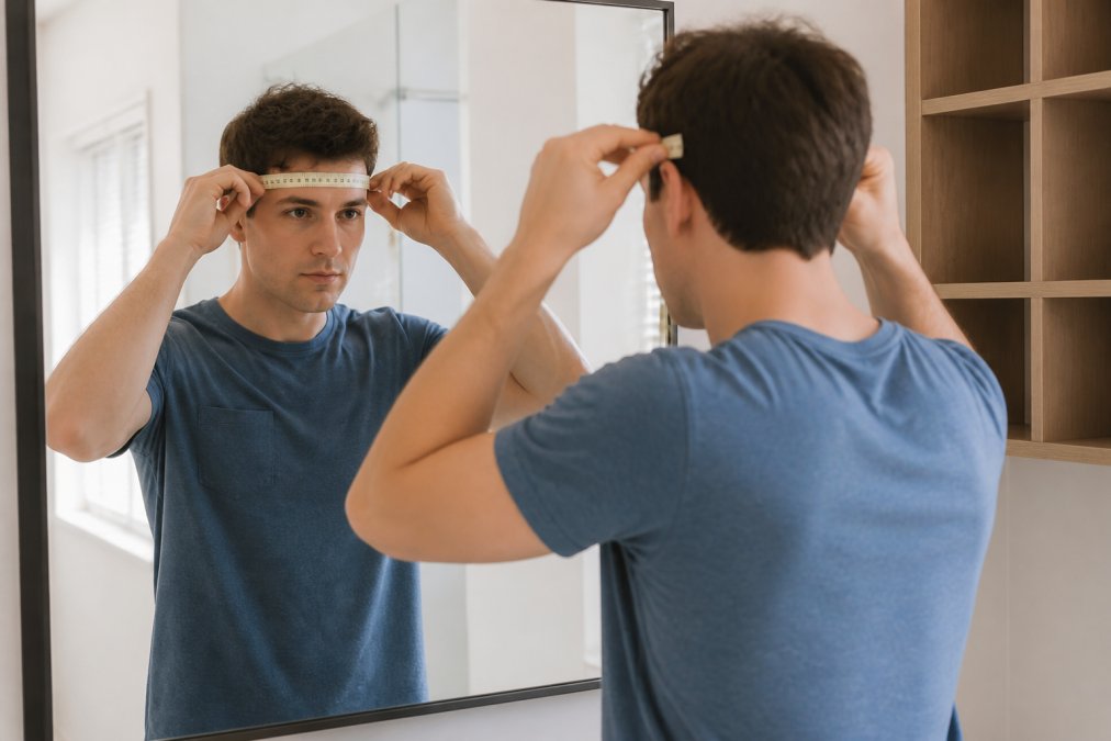 A person in a bright room using a soft tape measure around their forehead, standing in front of a mirror, checking the number while wearing a casual t-shirt