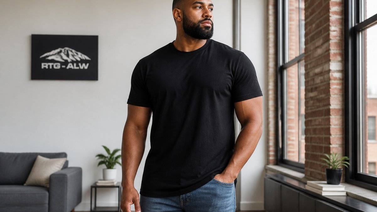 Tall man with broad shoulders wearing a fitted black crew-neck tee in a bright apartment.